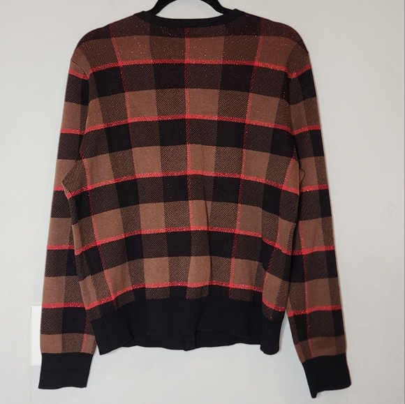 Ann Taylor Metallic Red Black Brown Plaid Button Knit Sweater Cardigan Cotton XL - Picture 6 of 16